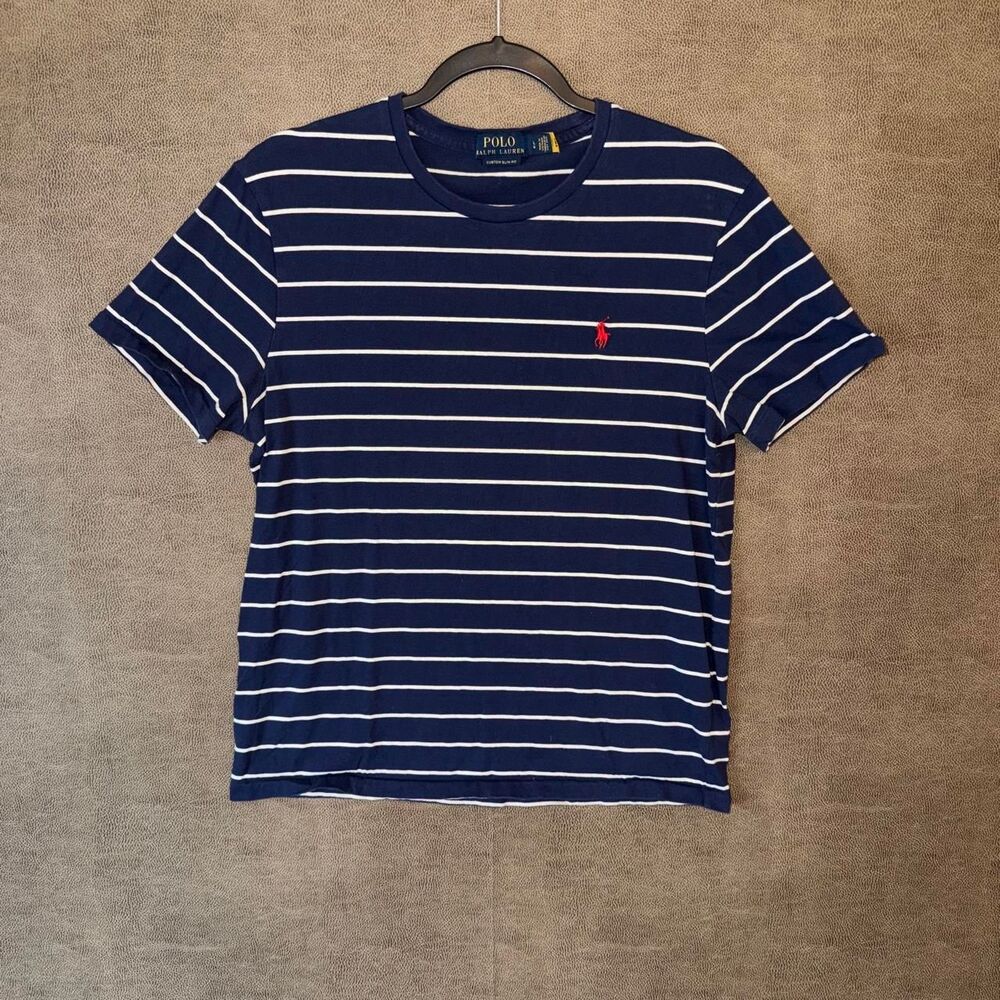 Polo Ralph Lauren Navy Blue & White Horizontal Striped Cotton T-Shirt with red p